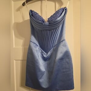 Sherri Hill Strapless Blue Dress with Lace Accent